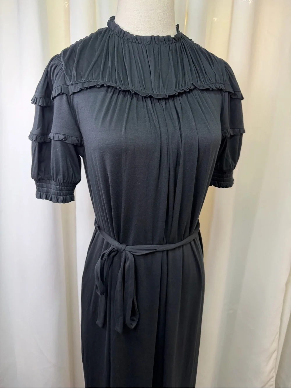 NWT Boden Black Ruffled Neck Puff Sleeve Jersey Midi Dress w/ Tie Waist Size 4P